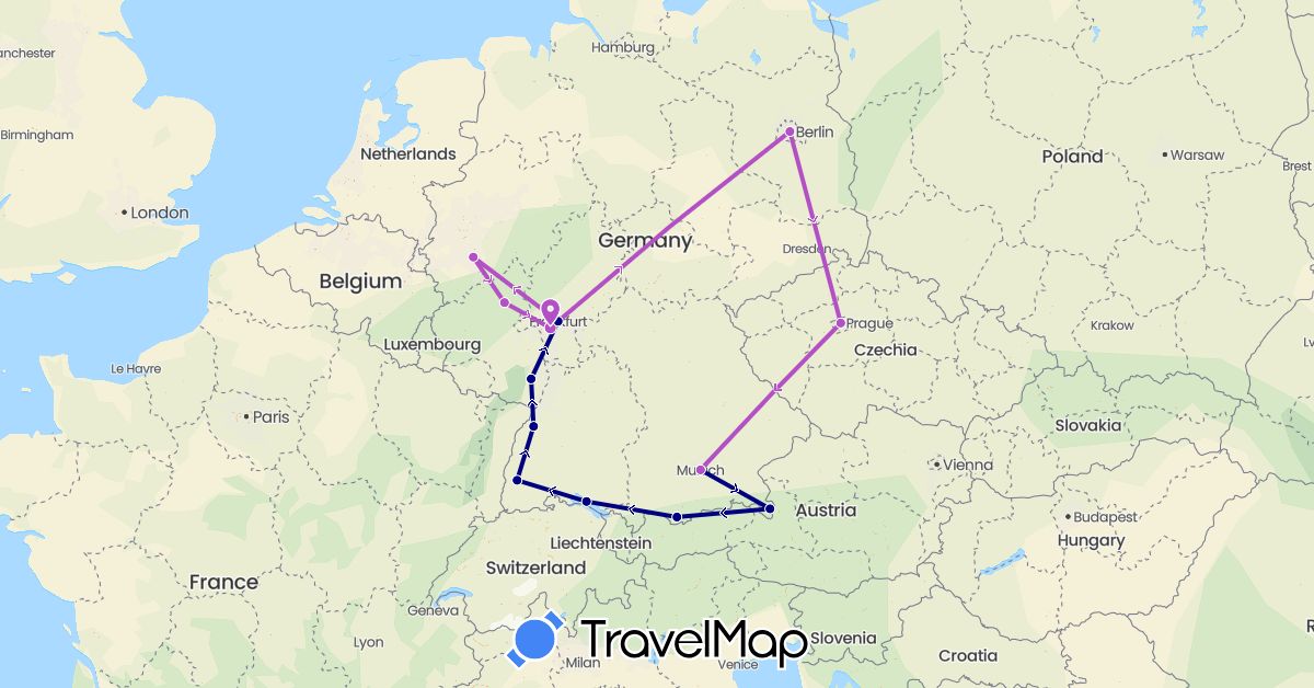 TravelMap itinerary: driving, plane, train in Czech Republic, Germany (Europe)